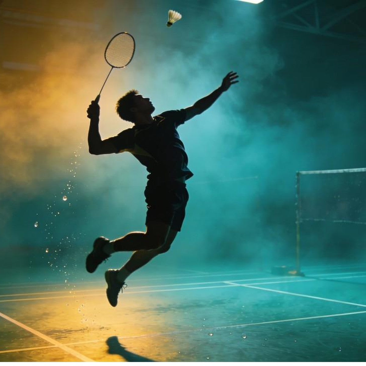 Badminton player mid-jump smash at championship level